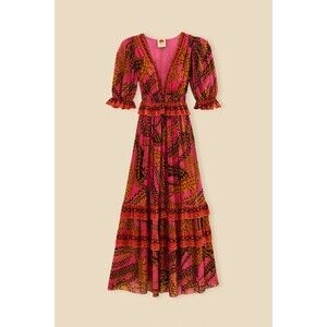 Farm Rio Pink Croco Short Sleeve V Neck Maxi Long Dress Size XS EUC
